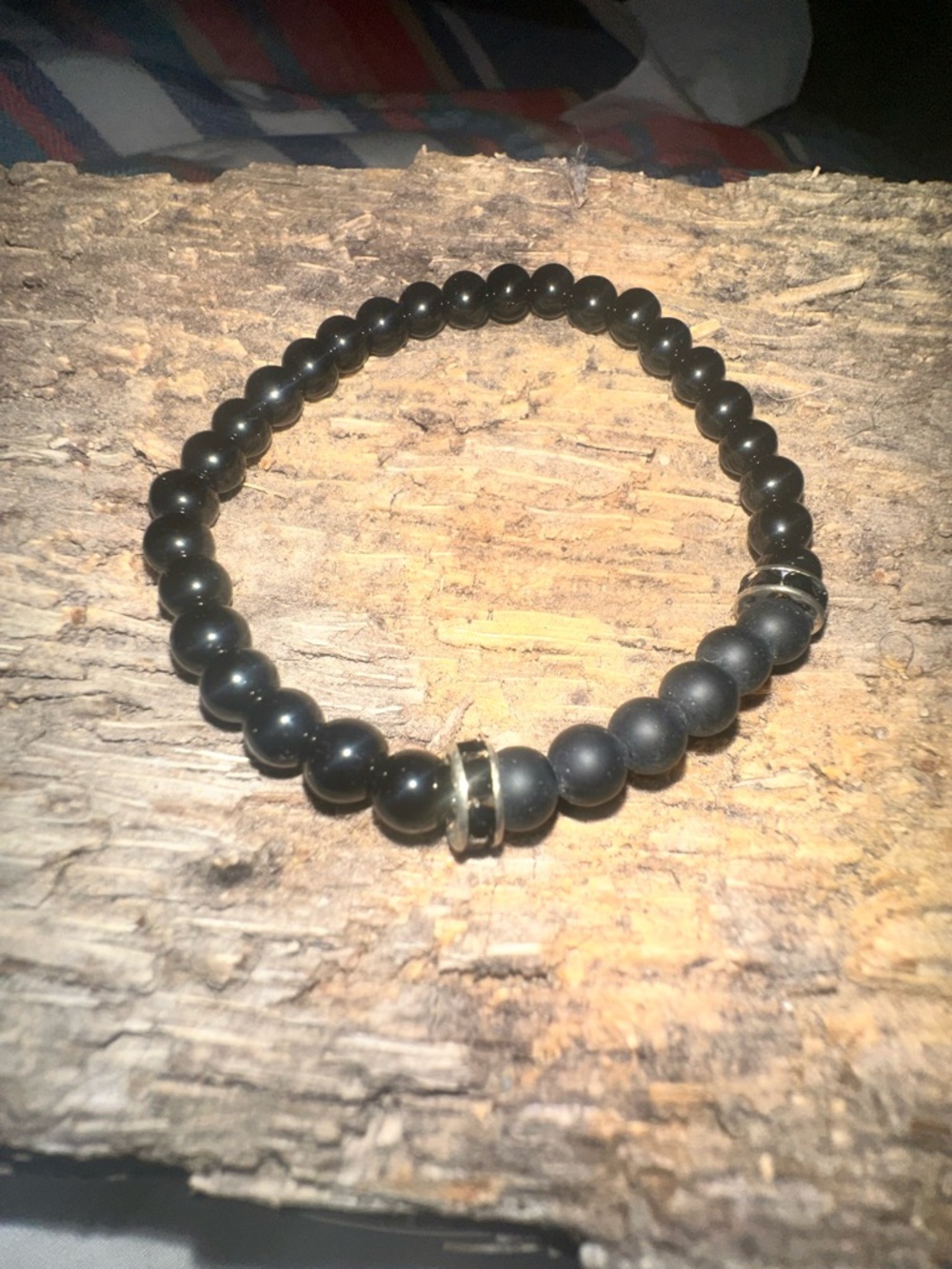 Black Beaded Men's Bracelet with Silver Accent